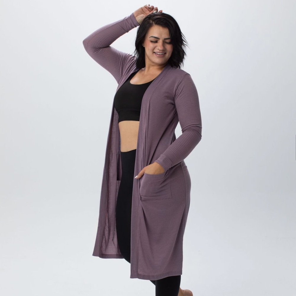 RARE RETIRED SAVVI SM Dusty Purple Ribbed Long Length Open Front Cardigan Duster